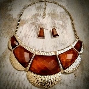 Women's Rust And Gold Colored Statement Necklace With Matching Earrings